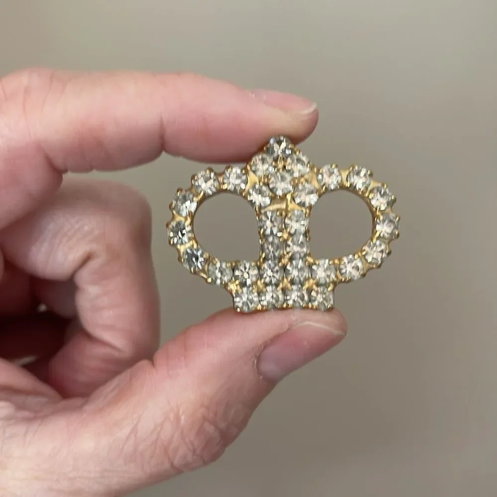 Vintage Gold-tone Crown Brooch with Rhinestones